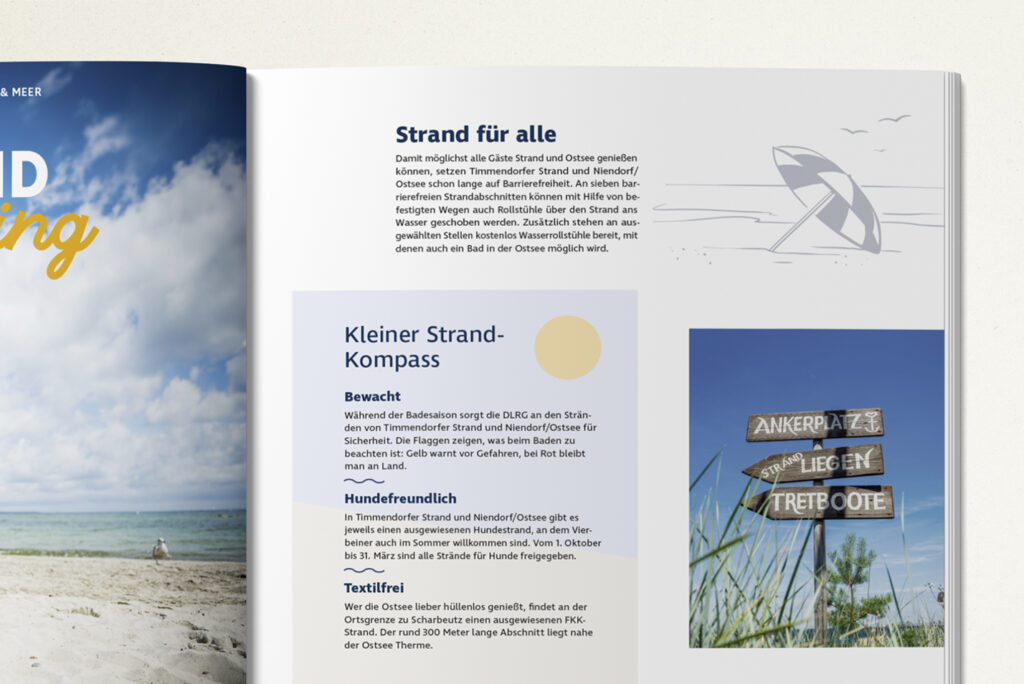 Nahaufnahme einer Strand und Baden Seite, die mit einer Illustration eines Sonnenschirms am Strand veredelt wurde.