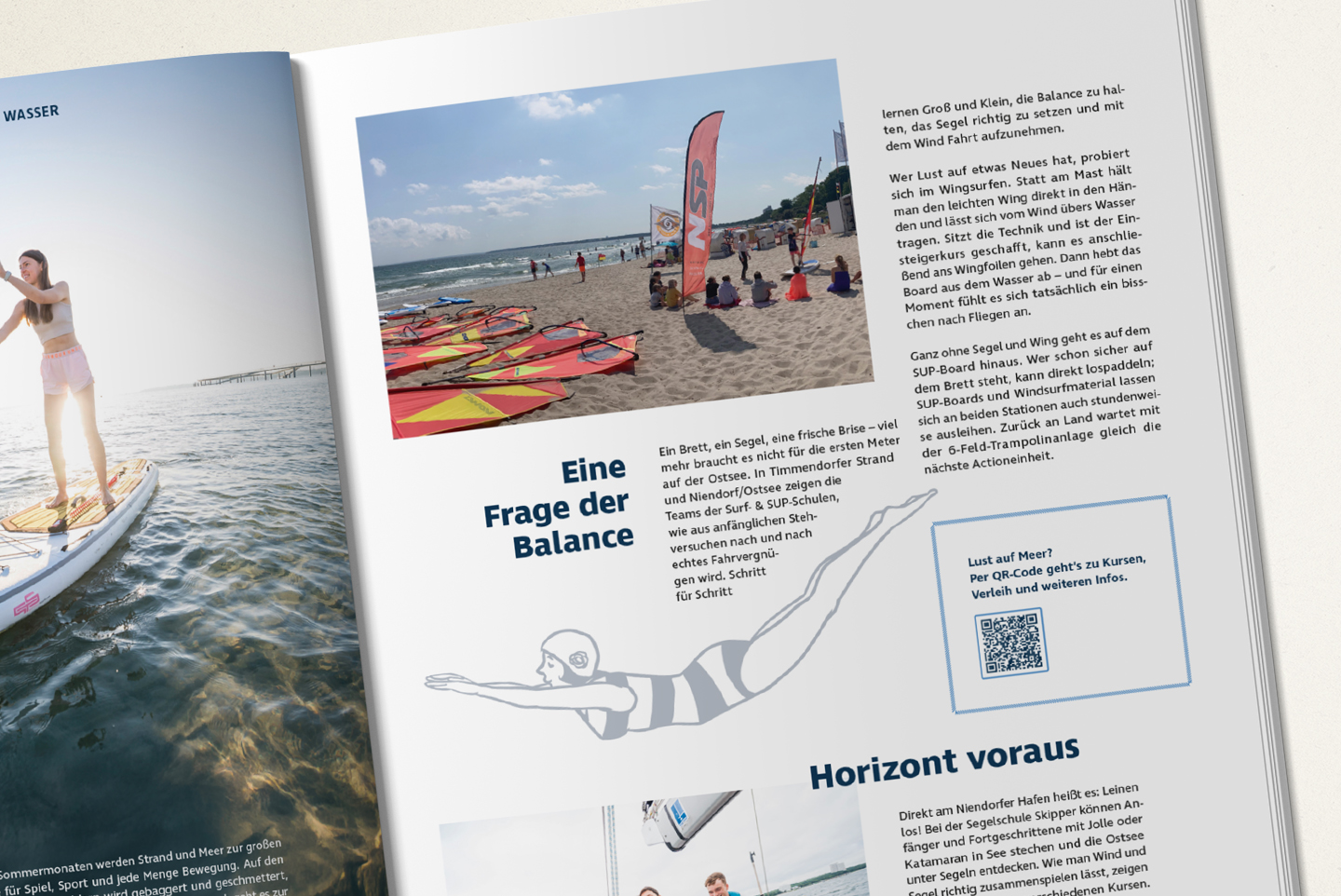Abbildung einer Strand und Baden Seite, die mit einer Illustration einer Badenden verziert wurde