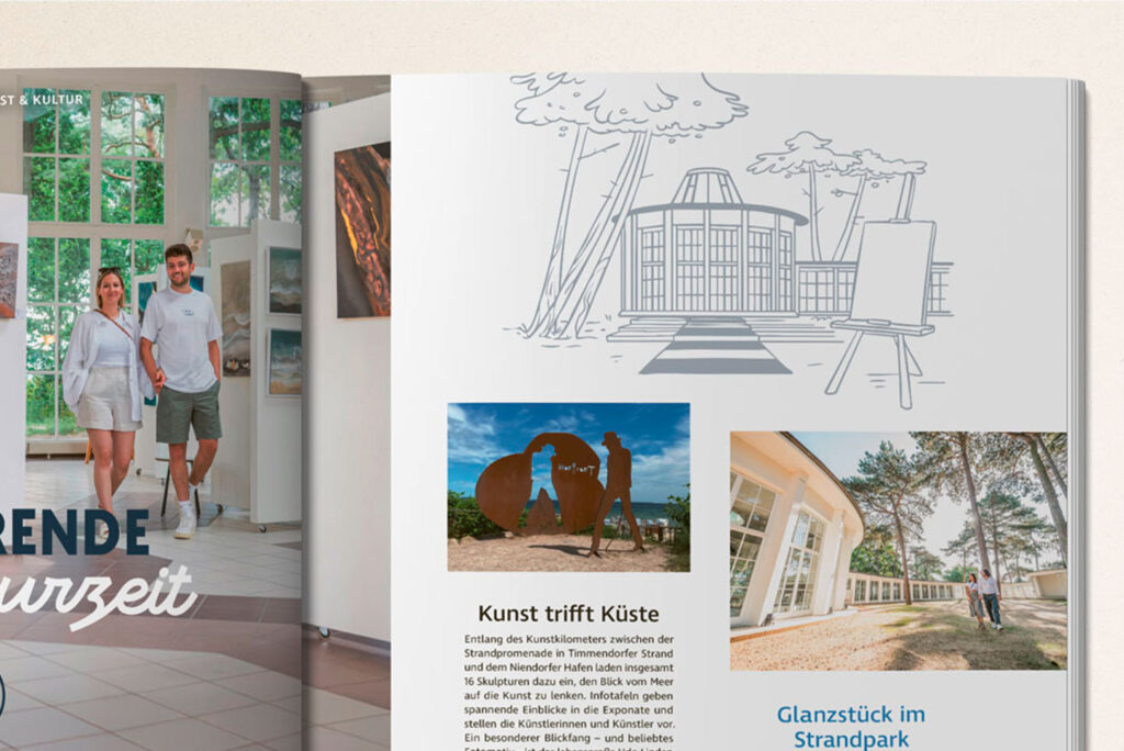 Nahaufnahme einer Kulturseite, die mit einer Illustration der Trinkkurhalle veredelt wurde.