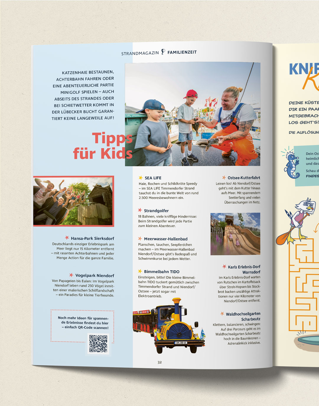 Nahaufnahme der Kinderseite. Tipps und Empfehlungen für spaßige Zeiten sind hier zu finden.