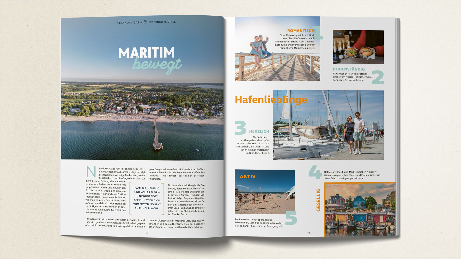 Die einführende Doppelseite für den Ortsteil Niendorf/Ostsee mit fünf Hafenlieblingen.