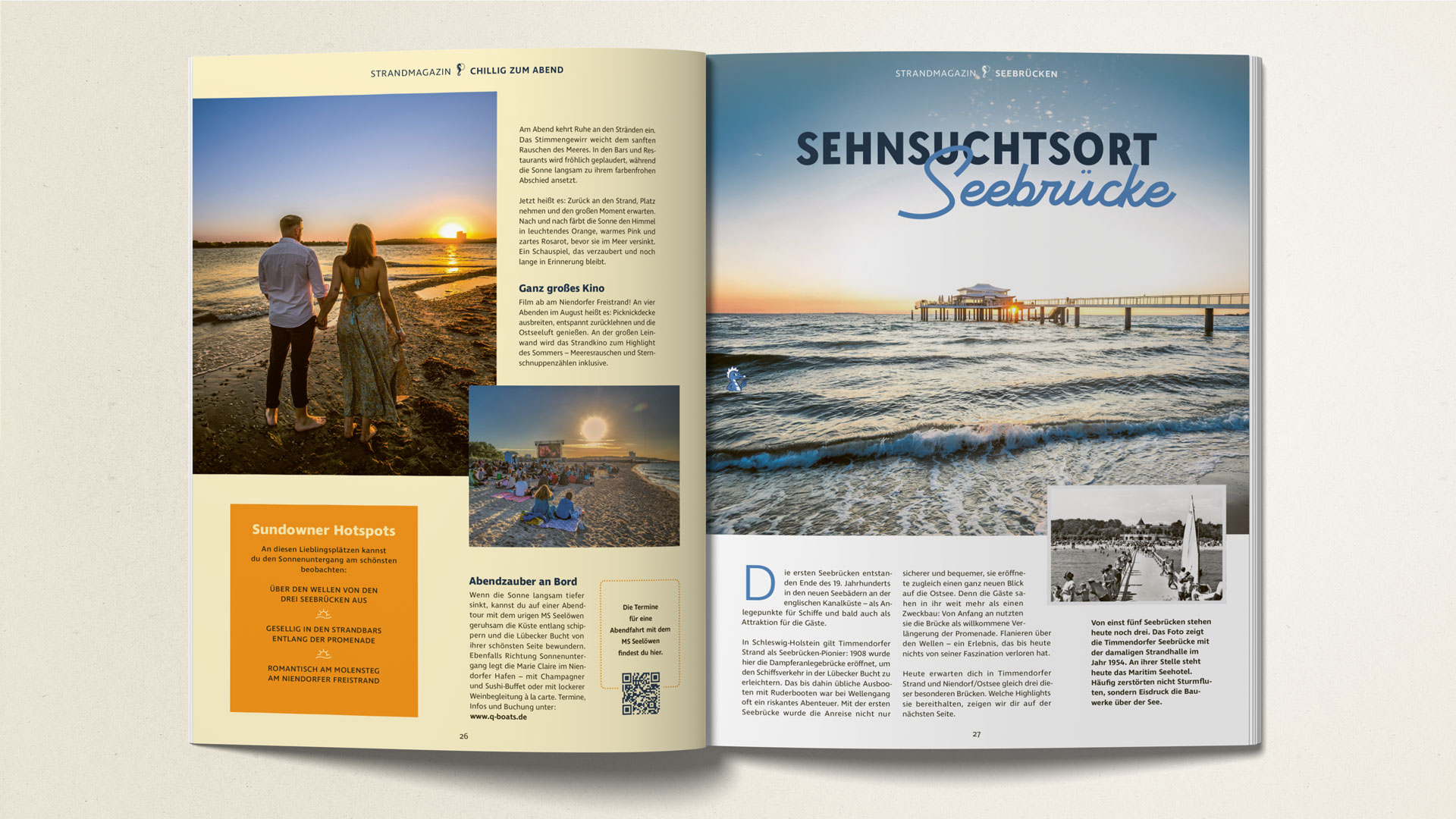 Eine Doppelseite, die besondere Abendveranstaltungen aufzeigt und etwas über die Historie der Seebrücken erzählt.