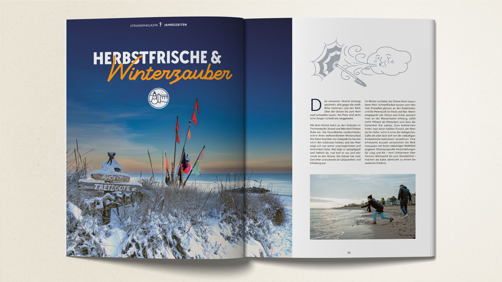 Die Doppelseite mit überlappendem Winterbild führt in die Thematik Winter an der Lübecker Bucht ein.