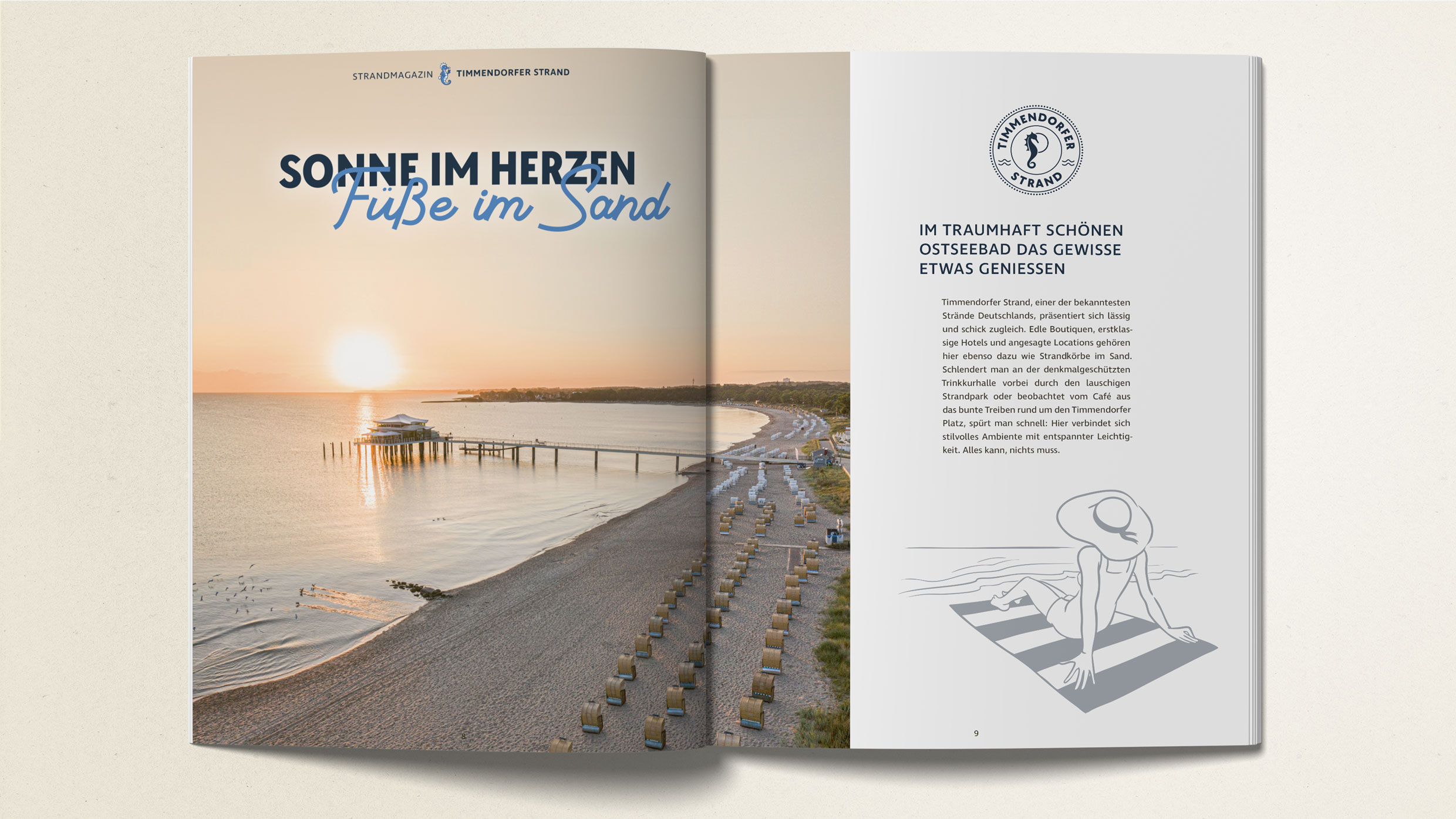 Eine Introseite mit Sonnenuntergang und der Illustration einer Dame mit breitkrempigem Hut am Strand.