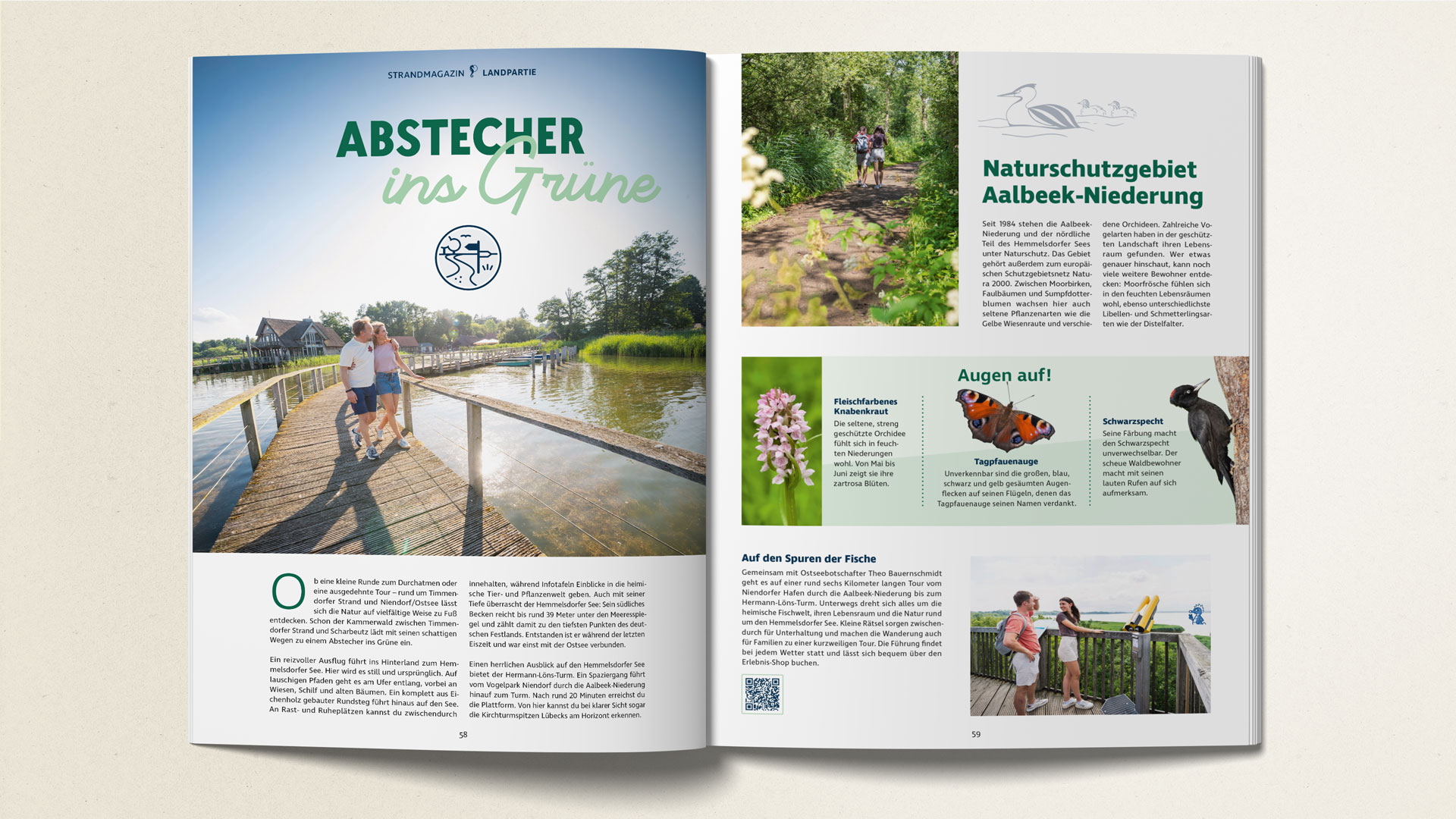 Eine Doppelseite mit führt thematisch die Möglichkeiten für Outdoor-Aktivitäten rund um Timmendorfer Strand ein.