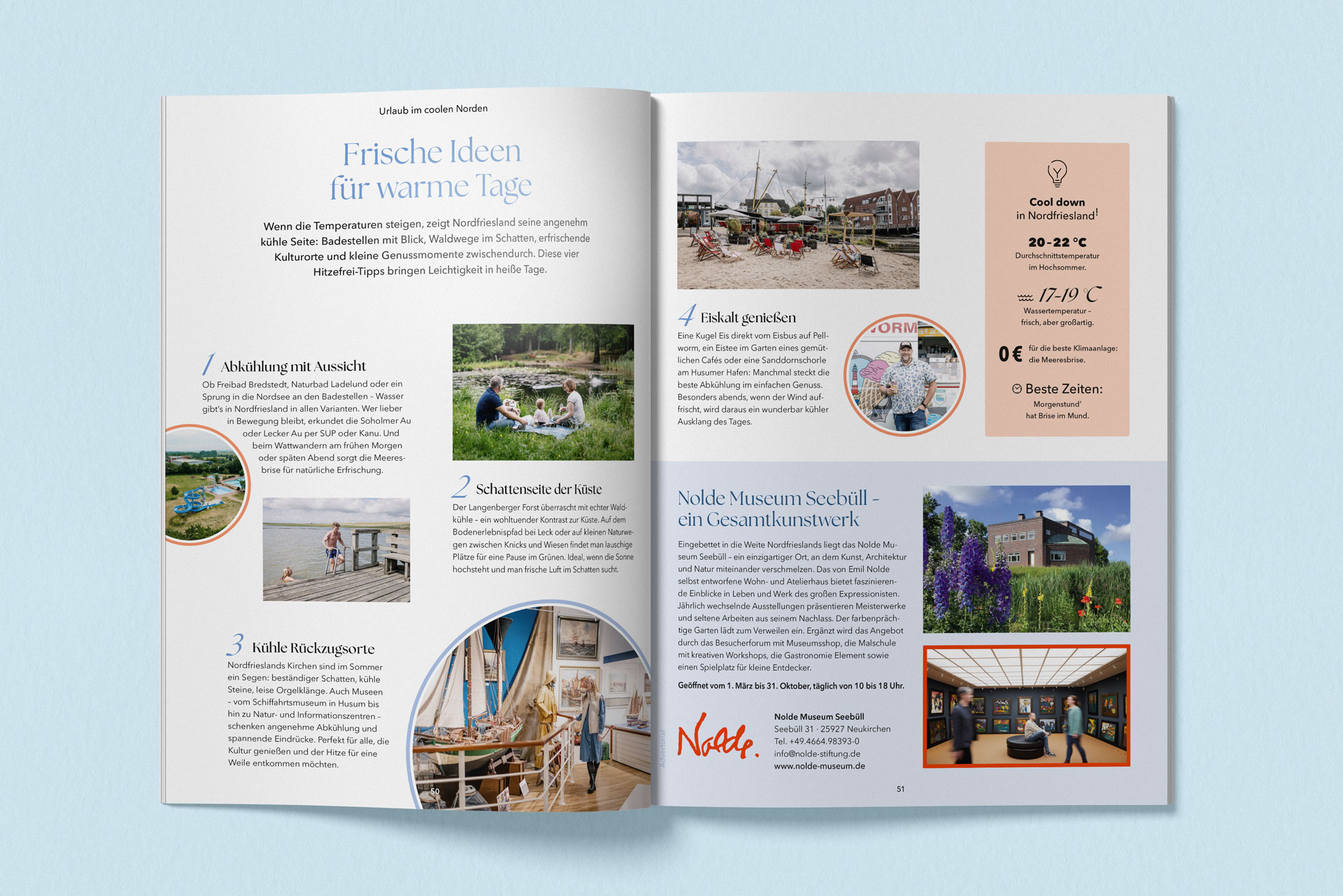 Die Doppelseite informiert über das ausgewogene Klima in Nordfriesland.