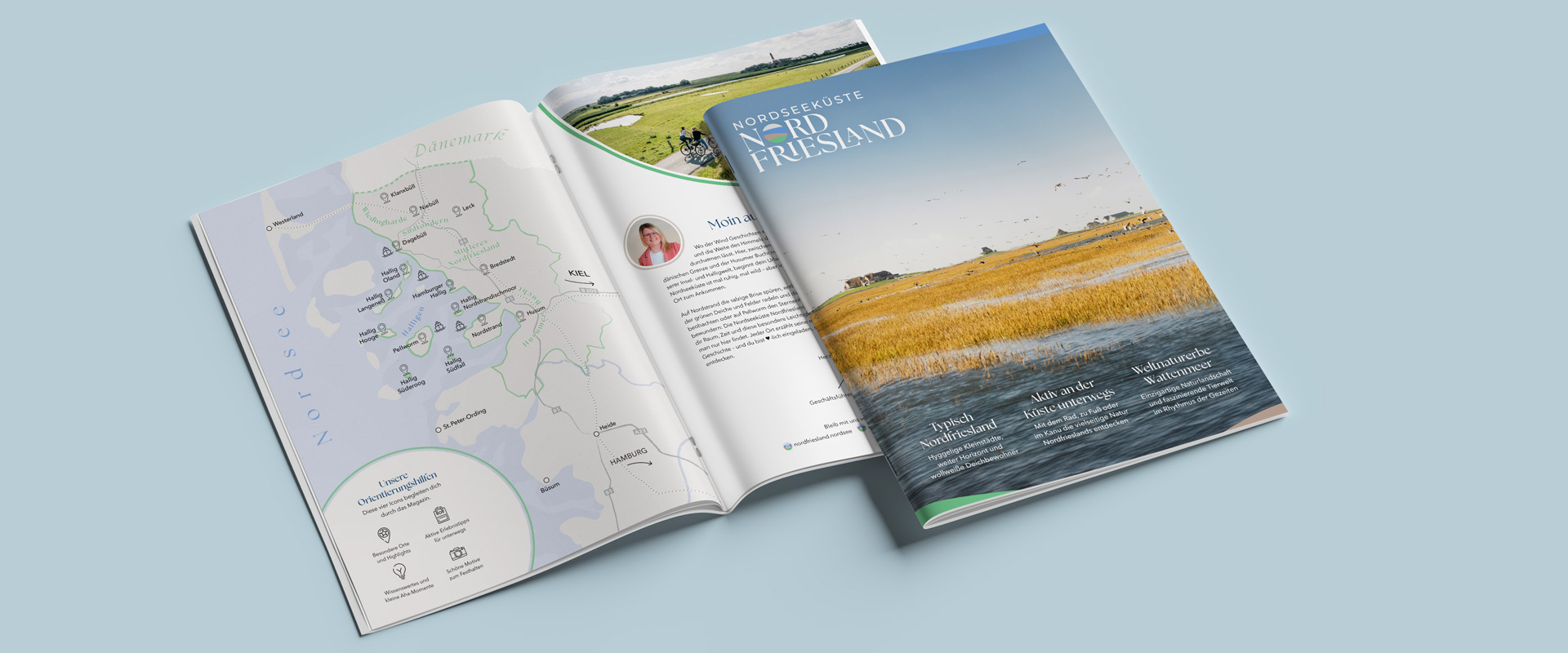 Nordseeküste Nordfriesland Magazintitel und eine aufgeschlagene Doppelseite.
