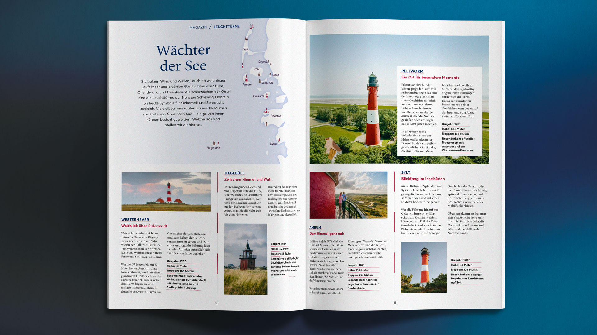 Eine Doppelseite über die Leuchttürme an der Nordsee.