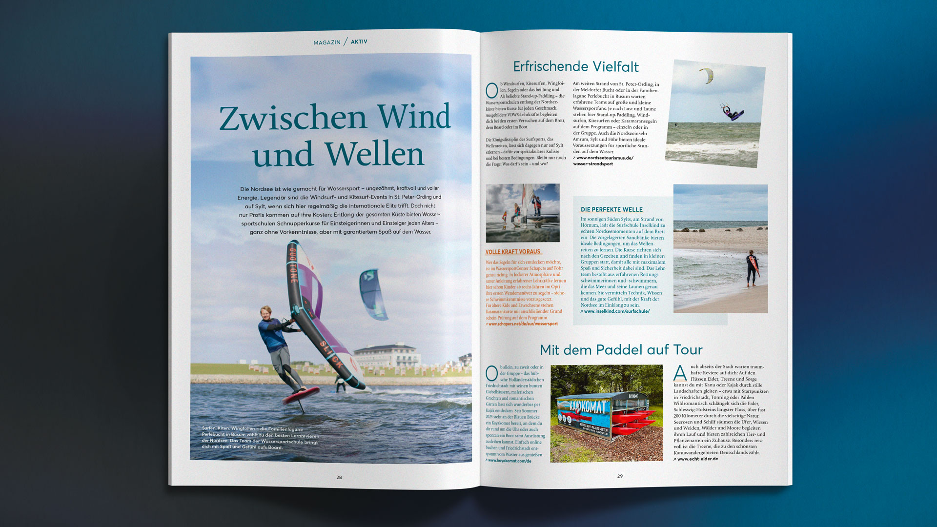 Eine Doppelseite informiert über die Wassersport-Möglichkeiten an der Nordsee.