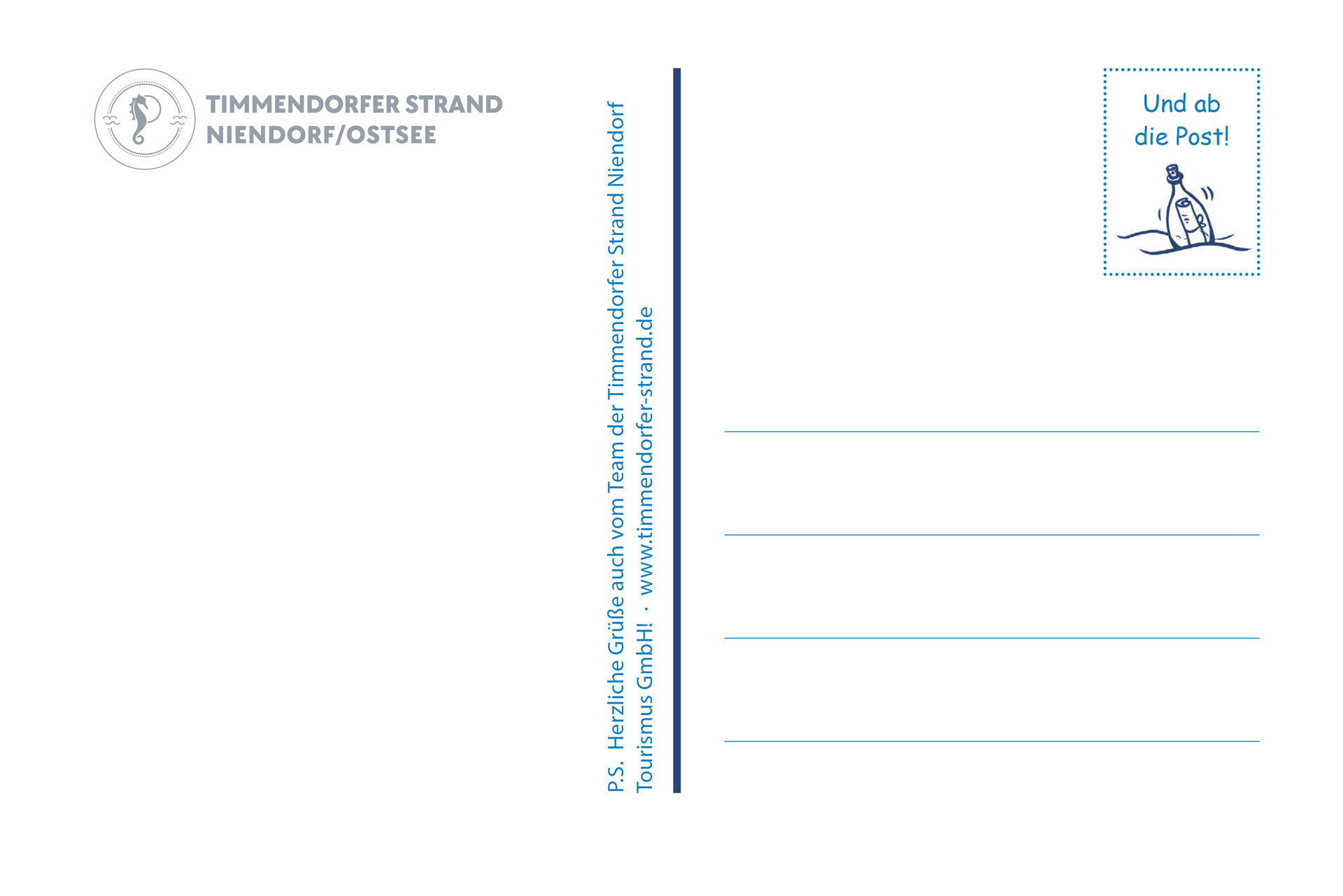 Die beschriftbare Seite der Postkarte mit kleiner Flaschenpost-Zeichnung im Briefmarkenfeld.