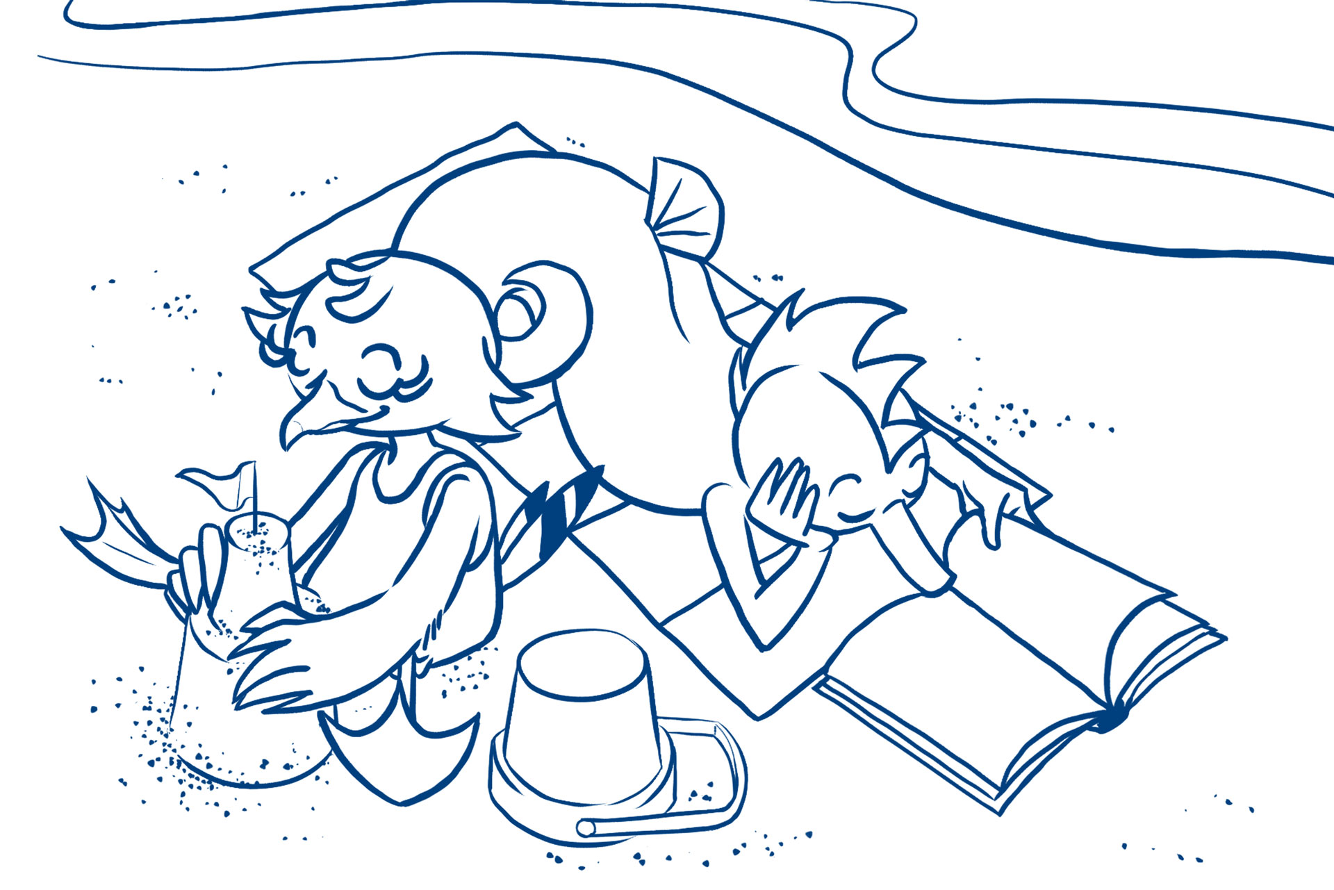 Das Motiv der Ausmalpostkarte zeigt Timmy lesend und Nienchen beim Sandburgbauen am Strand.