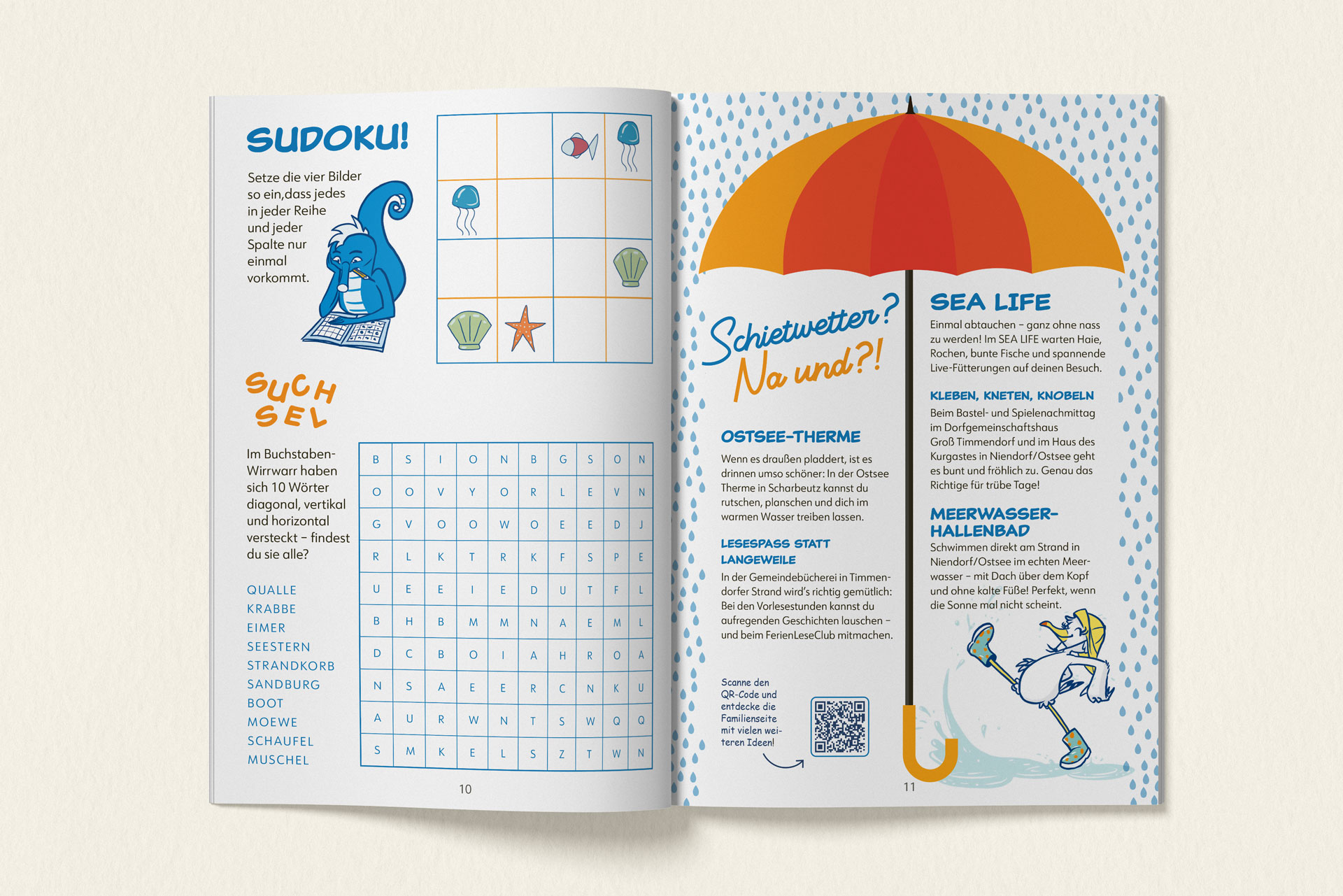 Die Doppelseite 10/11 des Rätselheftes mit verschiedenen Rätseln und Unternehmungs-Tipps für Regenwetter.
