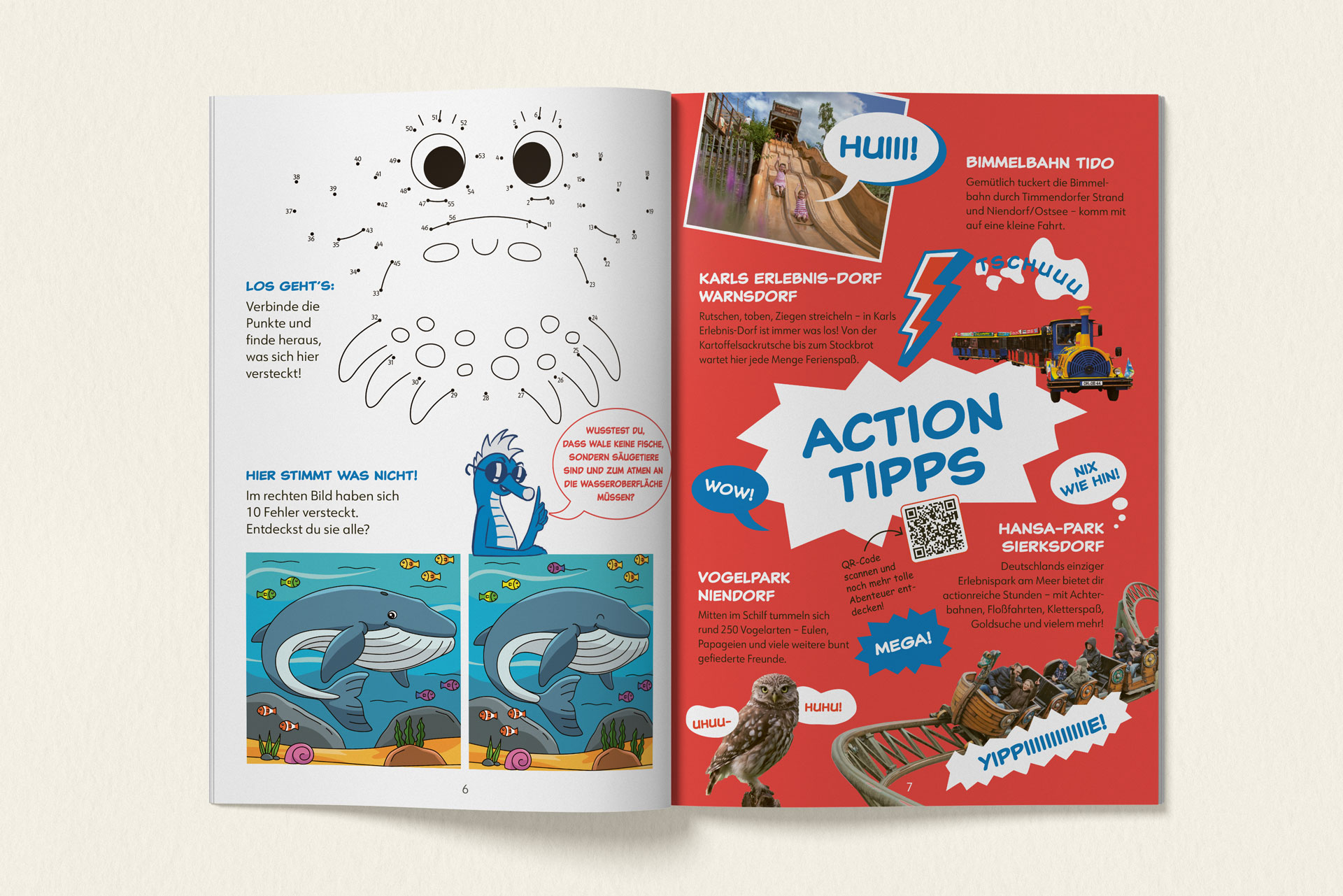 Eine Doppelseite des Rätselheftes mit Tipps für actionreiche Unternehmungen und zwei Rätseln.