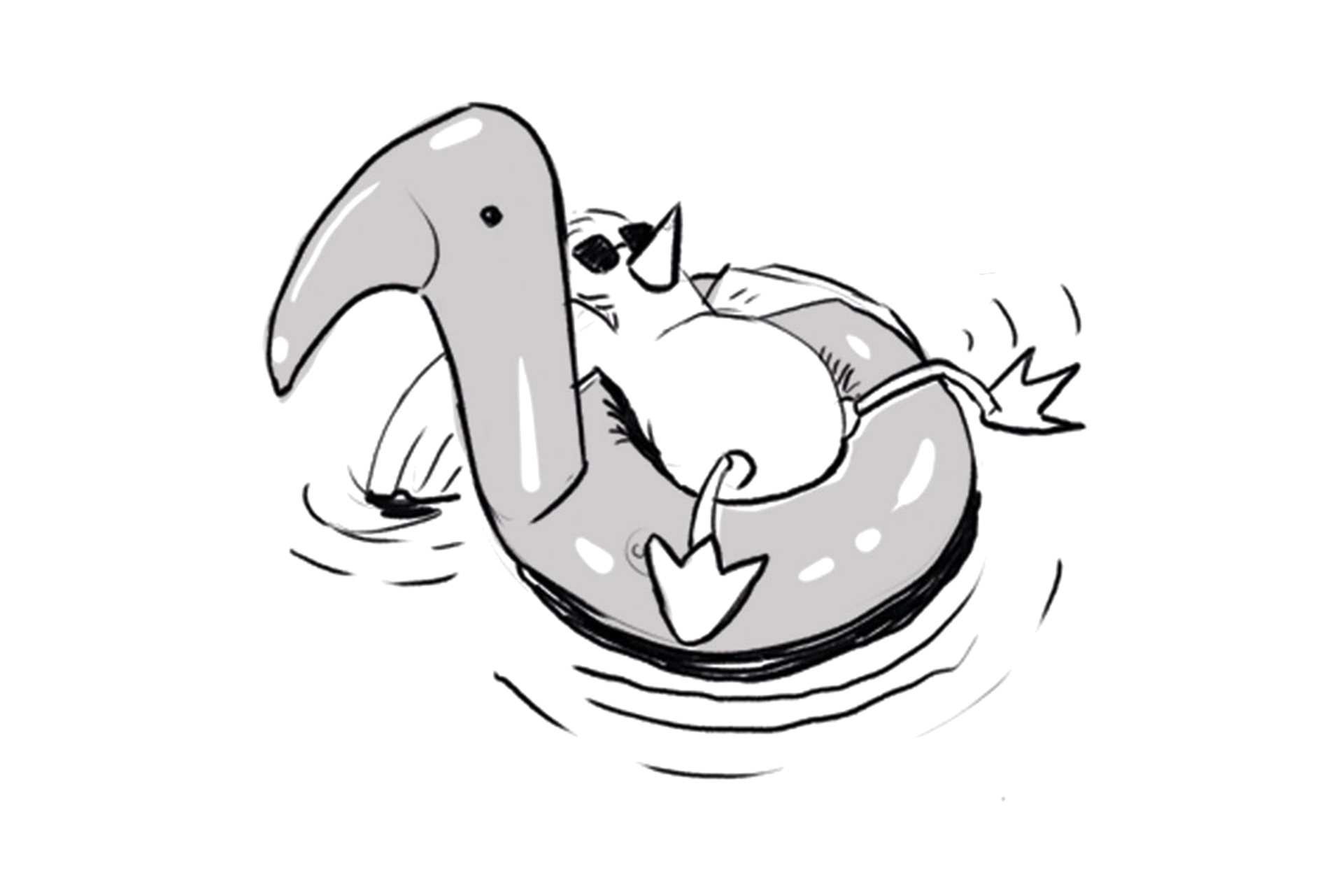 Eine frühe Entwurfszeichnung, die eine entspannte Möwe mit Sonnenbrille im Ring eines Gummitieres auf dem Wasser treibend zeigt.