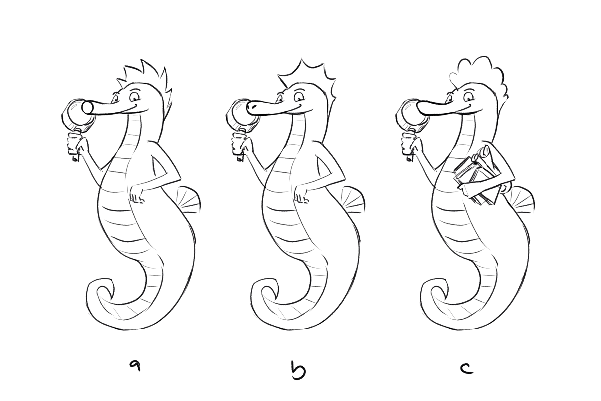 Frühe Entwürfe von Timmy mit unterschiedlichen „Frisuren“.