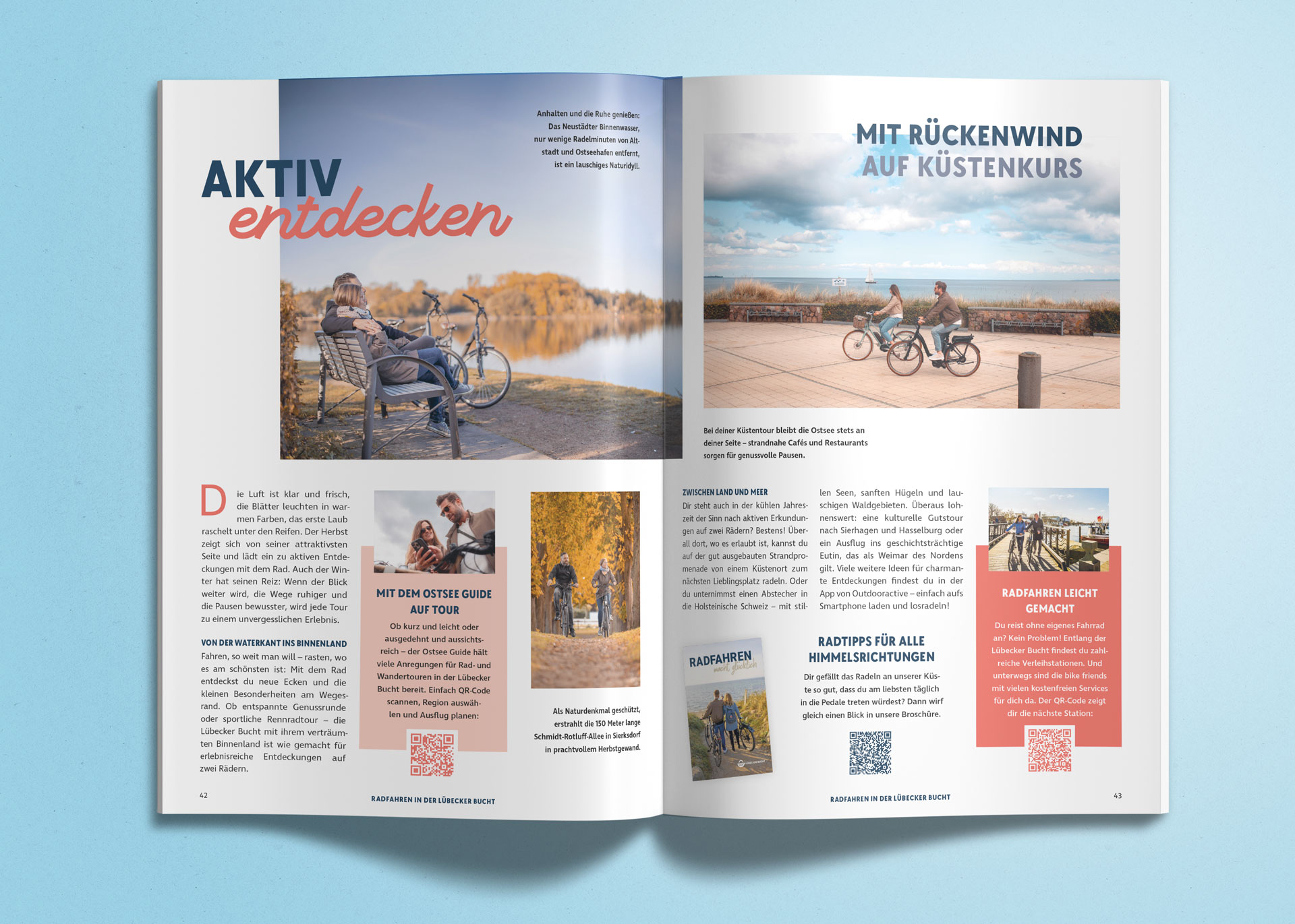 Eine Doppelseite informiert mit Bildern, Text und Infokästen über verschiedene Aktivitäten an der Lübecker Bucht.