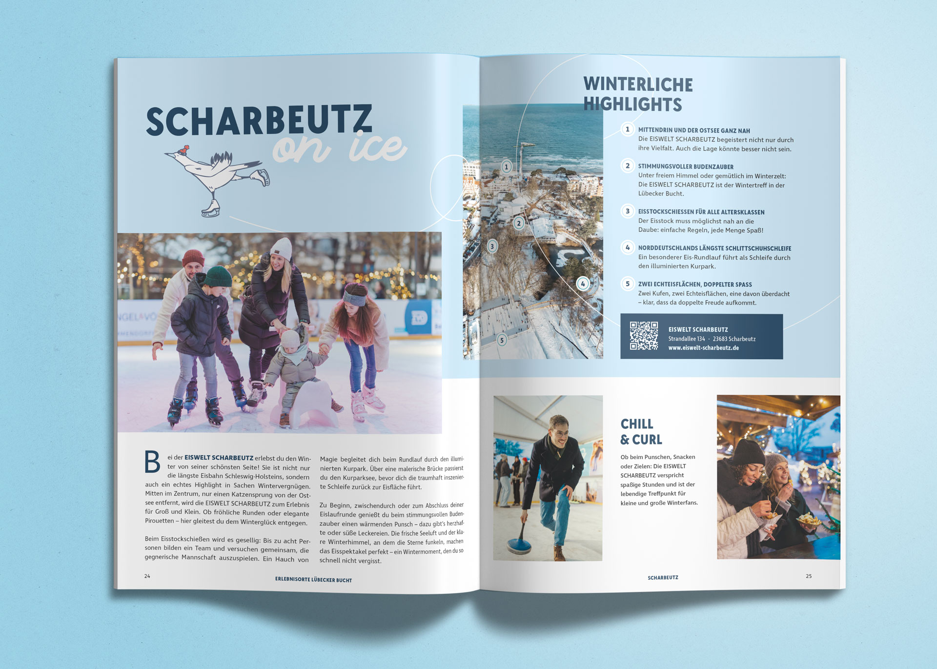 Die Eiswelt in Scharbeutz wird großflächig auf einer Doppelseite beworben.