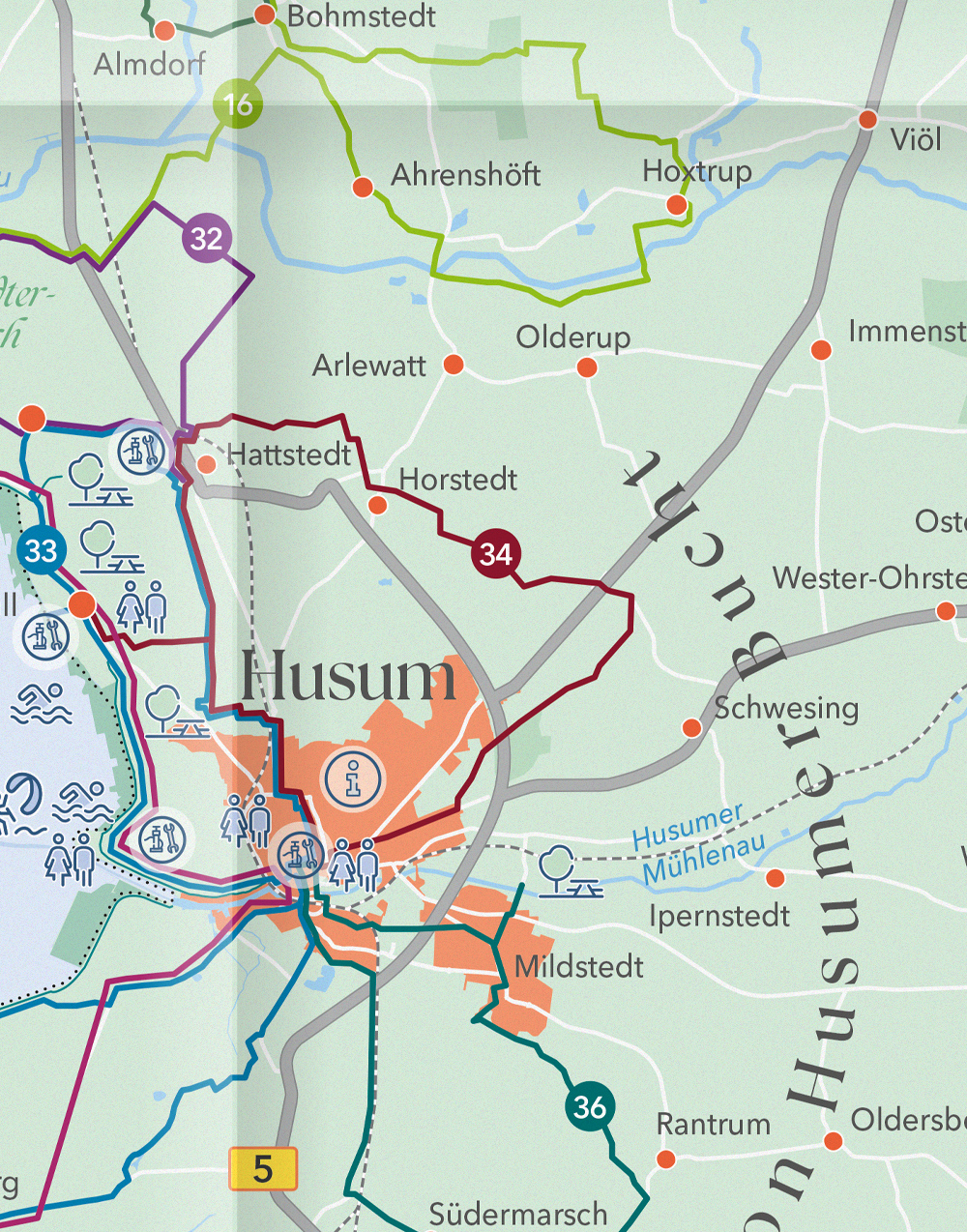 Die Icons markieren Orte wie zum Beispiel Toiletten, Aussichtspunkte, Badestellen oder Rastplätze auf der Wanderkarte.