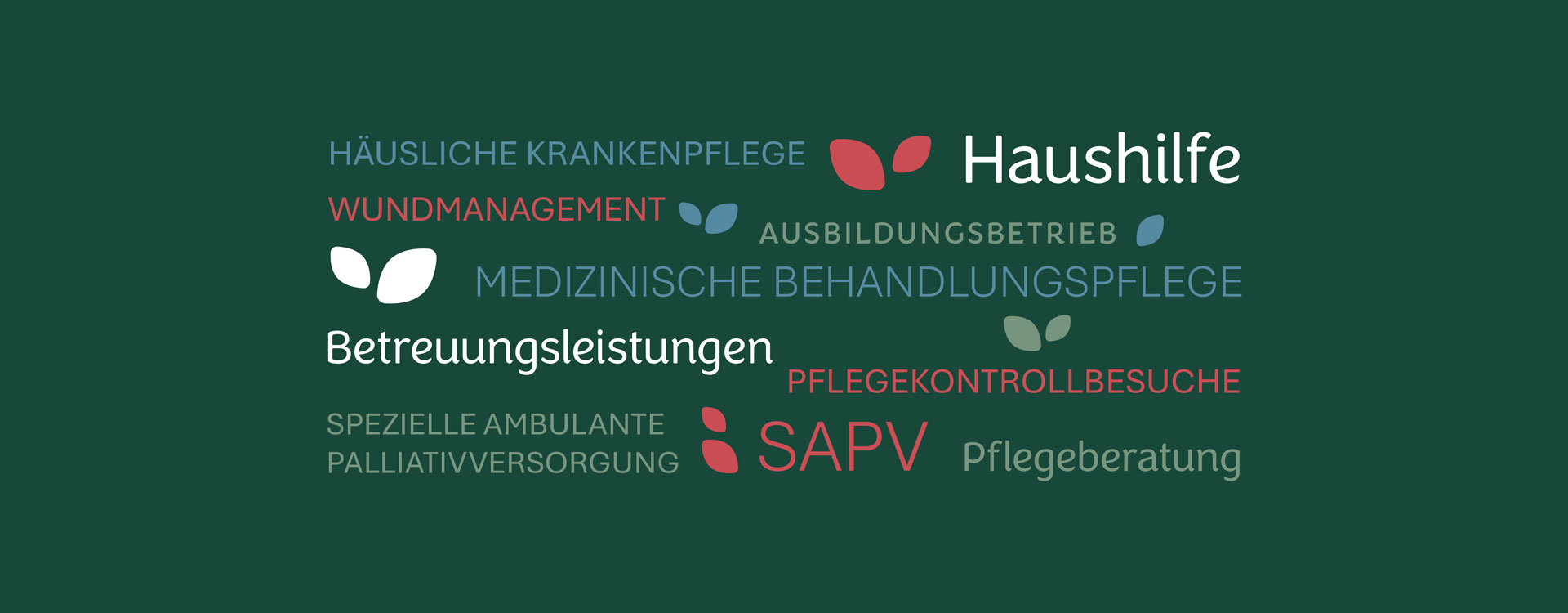 Eine Wortwolke mit den Leistungen von Pflegewerk auf dunkelgrünem Grund.