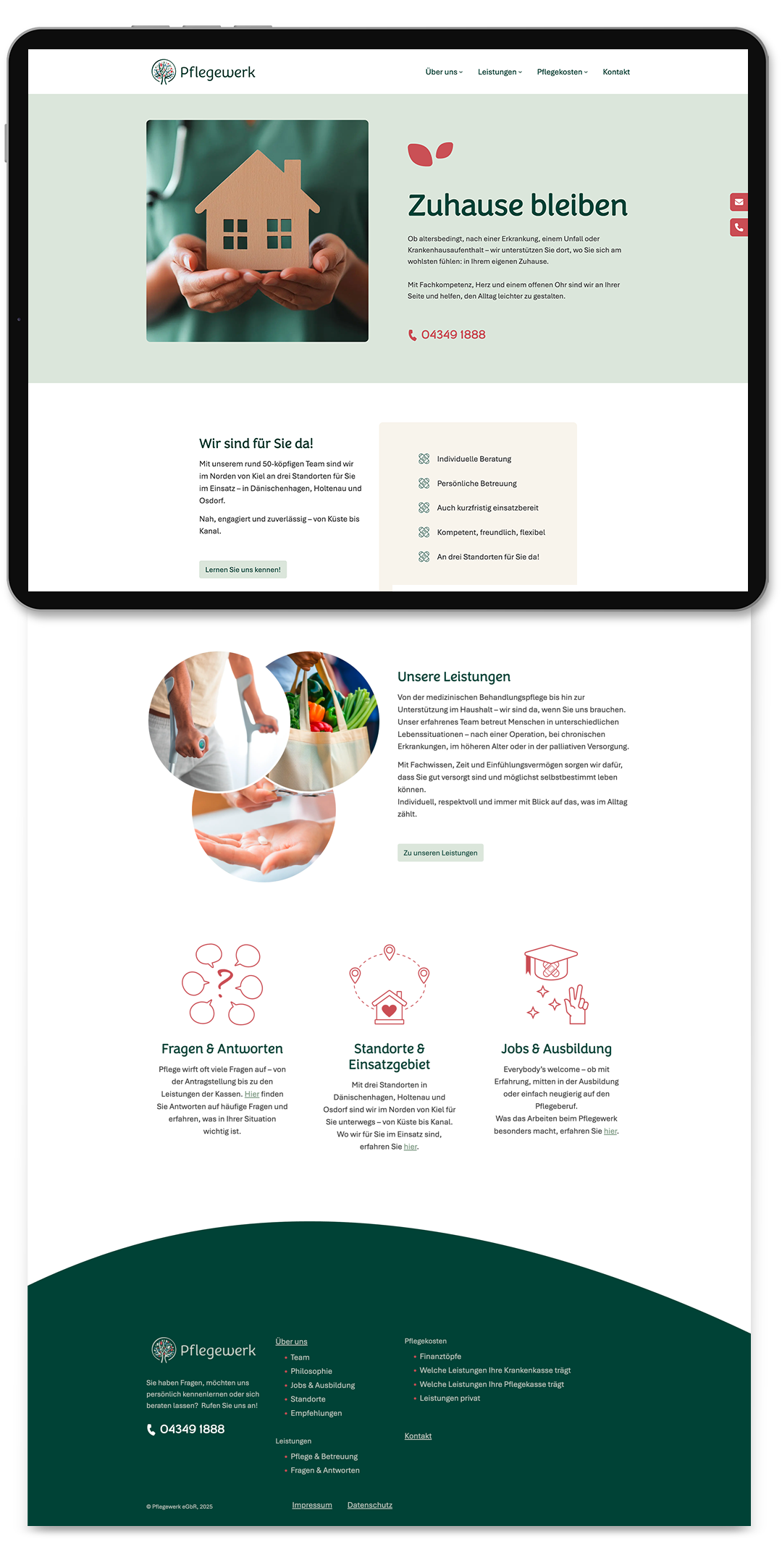 Ein Tablet zeigt die Startseite des Pflegewerk-Website.