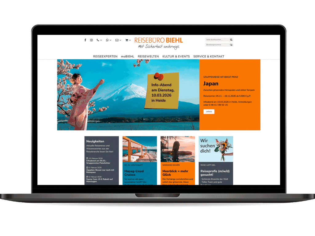 Eine animierte Gif spielt die Unterseiten der Website des Reisebüro Biehl durch.