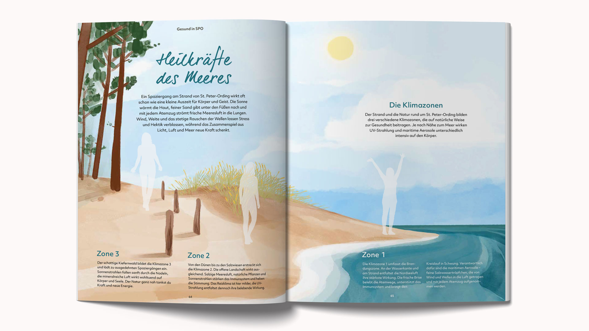 Handgezeichnete Doppelseite zu den Heilkräften des Meeres für das SPO-Urlaubsmagazin Küstenzeit.