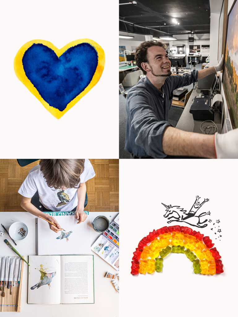 Eine Collage von Bildern und Grafiken deutet auf die Vielseitigkeit der unterstützten Projekte und Partner hin.