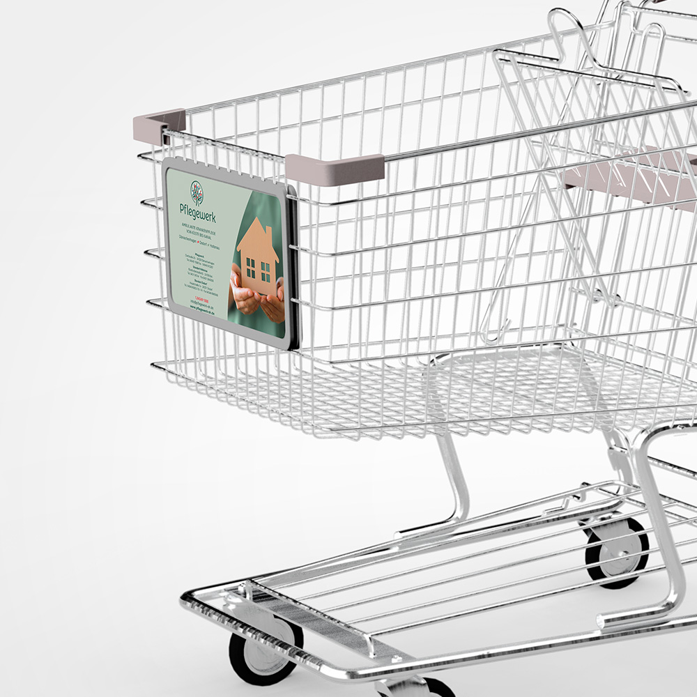 Einkaufswagen-Werbung des Pflegewerks in neuem Corporate Design.