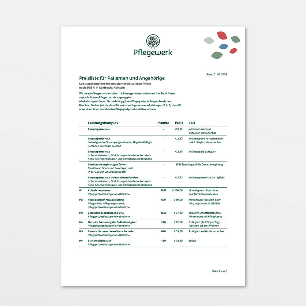 Preislisten des Pflegewerks in neuem Corporate Design.