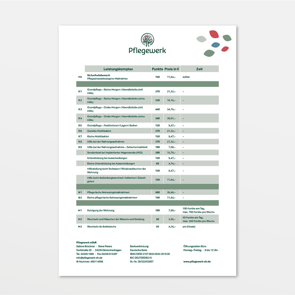 Preislisten des Pflegewerks in neuem Corporate Design.