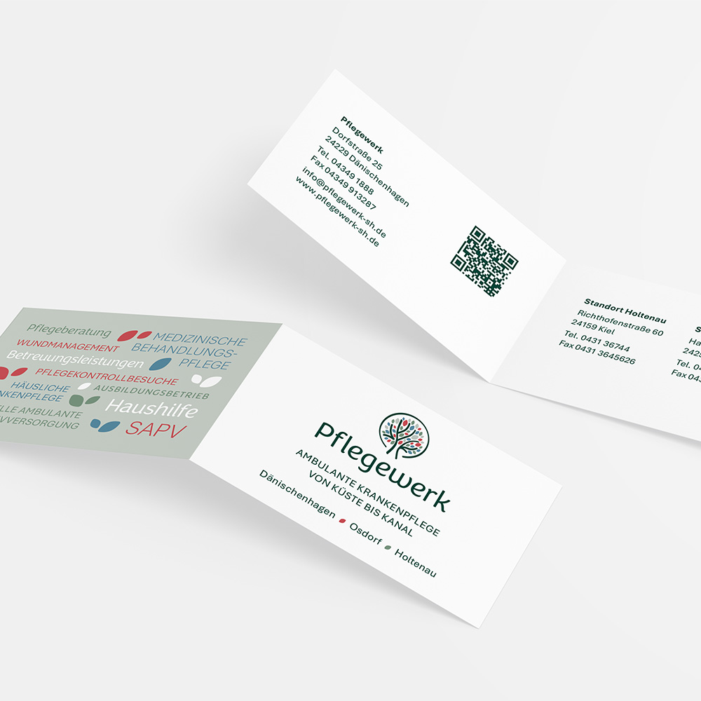 Geschäftsausstattung des Pflegewerks mit Visitenkarten, Briefpapier und Corporate Design.