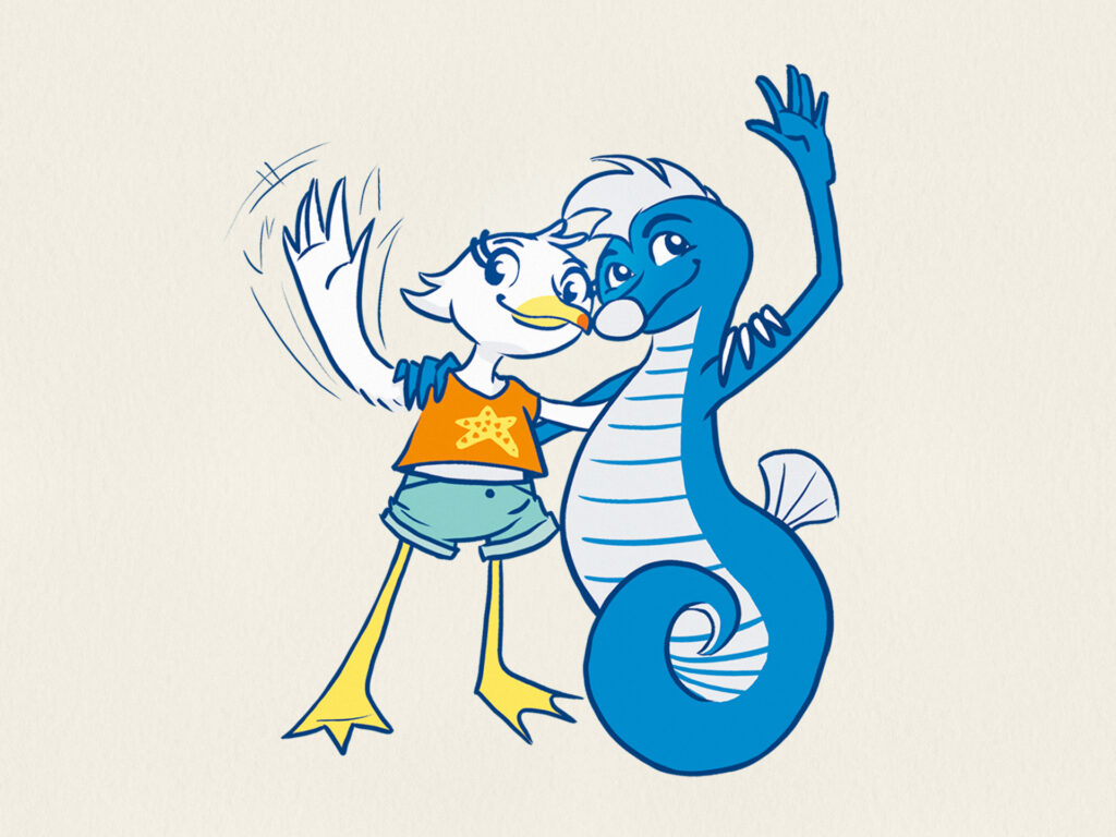 Von Clarissa entwickelte Maskottchen Timmy und Nienchen für Timmendorfer Strand und Niendorf/Ostsee.