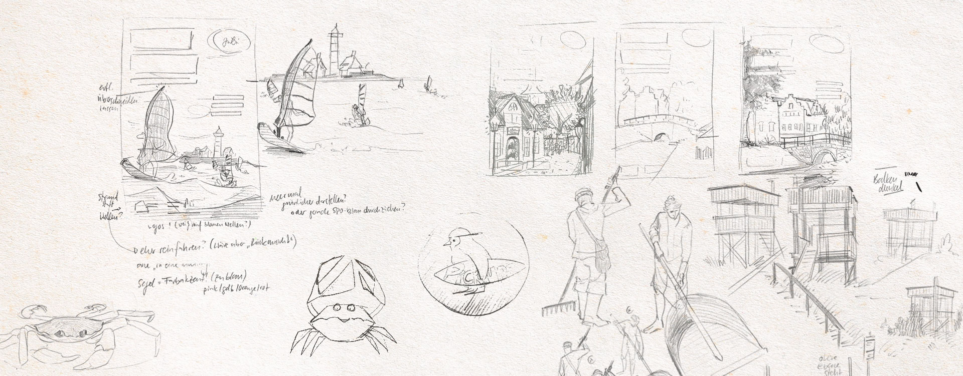 Erste Scribbles und Entwurfsskizzen für Illustrationen, Logos und Badges von St. Peter-Ording.