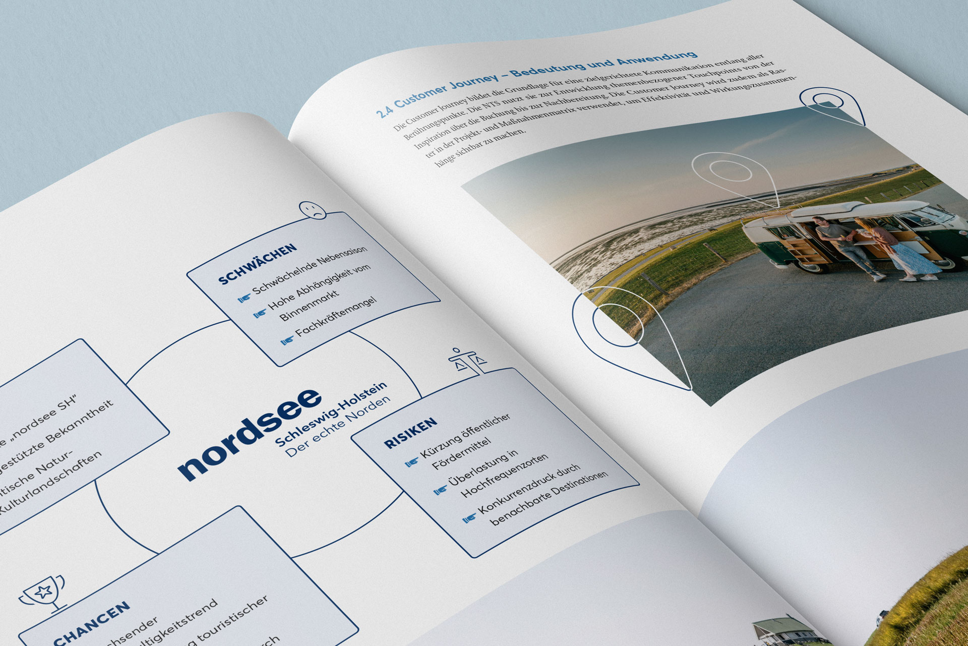 Abbildung der Seiten SWOT und Customer Journey des nordsee-Marketing-Rahmenplans.