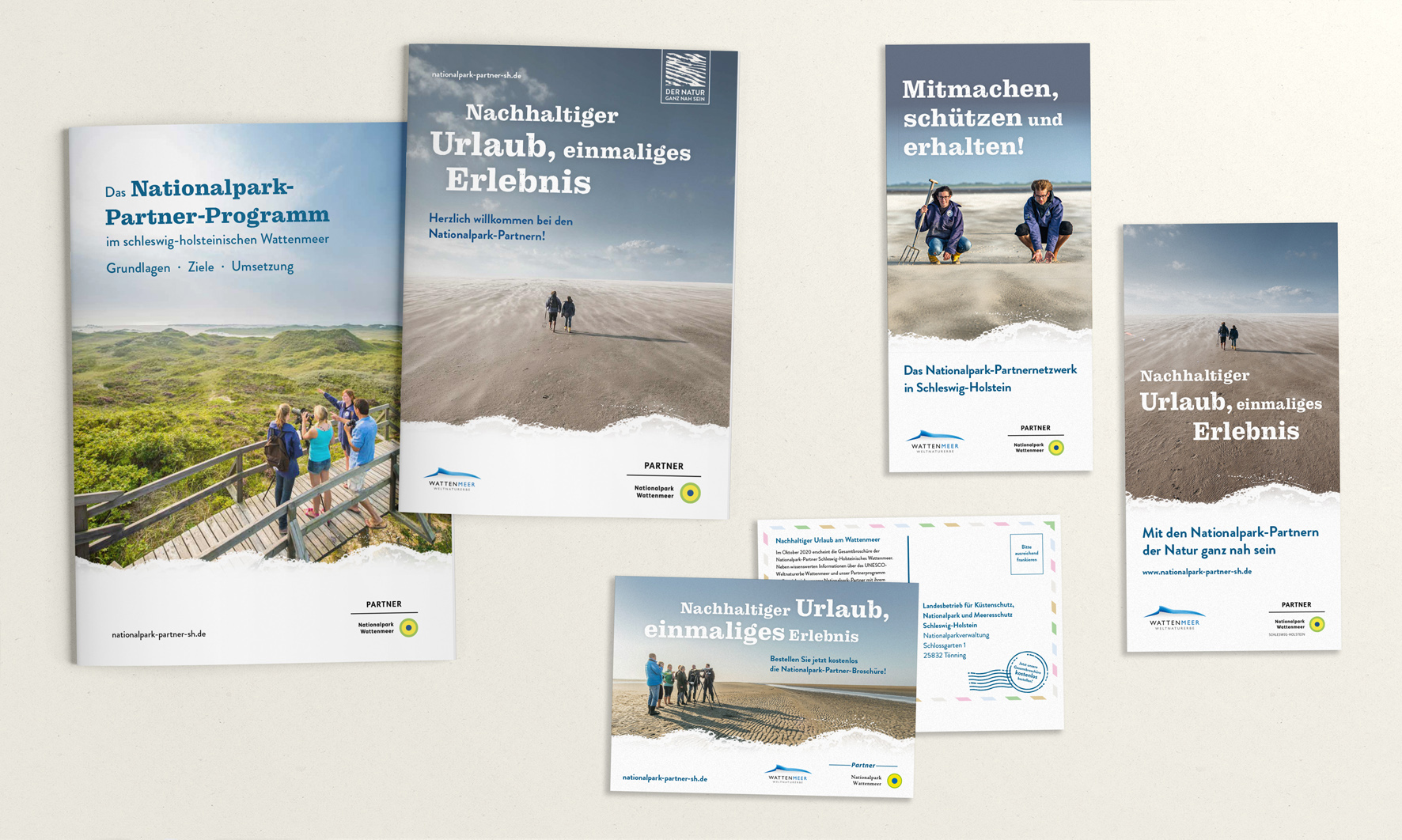 Abbildungen der Imagebroschüre, des Akquise-Folders und einer Postkarte